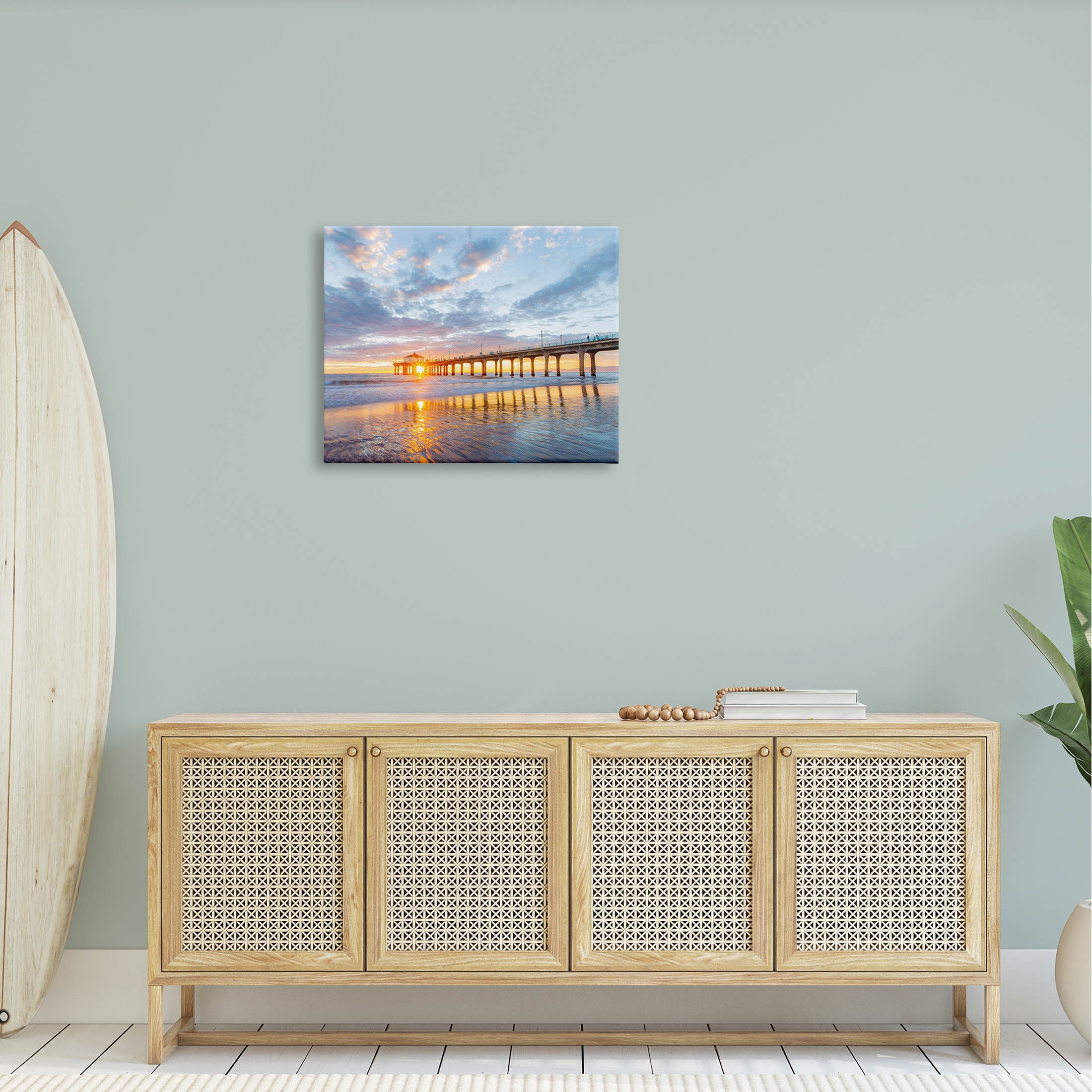 Ocean Pier Sunrise Reflection Coastal Photograph Gallery Wrapped Canvas Print Wall Art