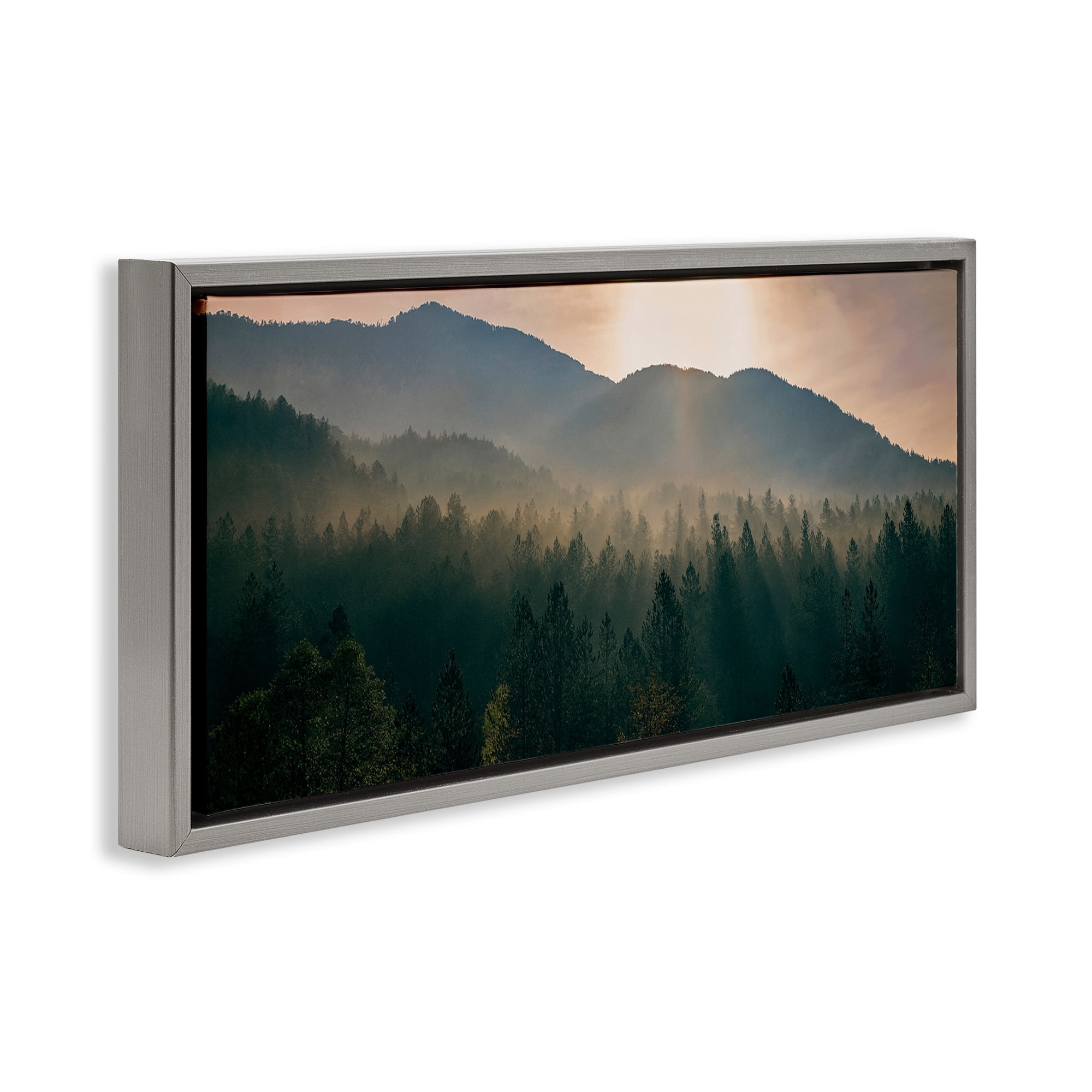 Stupell Industries Morning Sun over Misty Trees Landscape Photography Gray Floater Framed Canvas Art Print Wall Art, 25 x 11