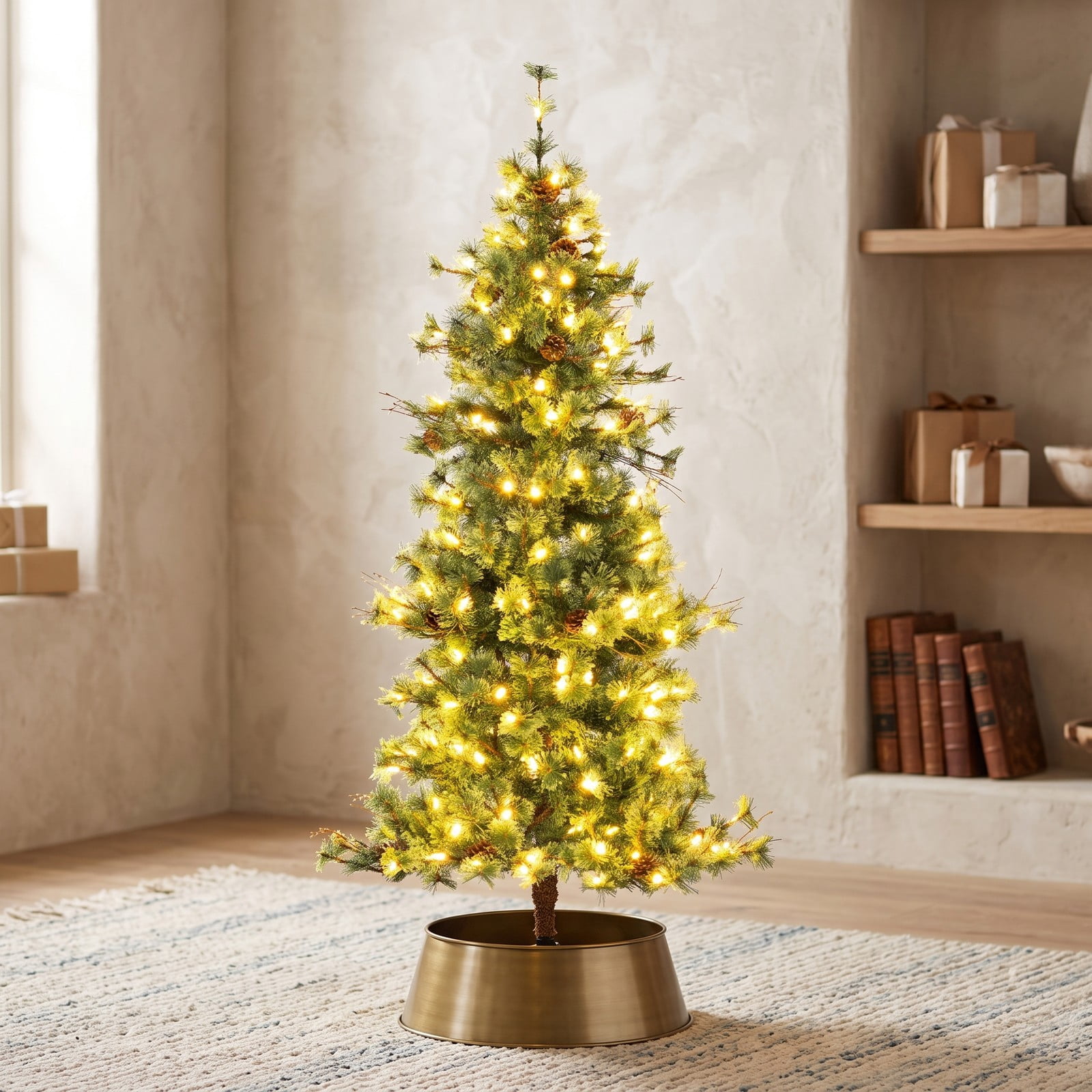 RUIE 6 Feet Pre-Lit Artificial Christmas Tree, Hinged Xmas Pine Tree with 200 Warm White LED Lights and 22 Pine Cones for Holiday Indoor Decor, Green