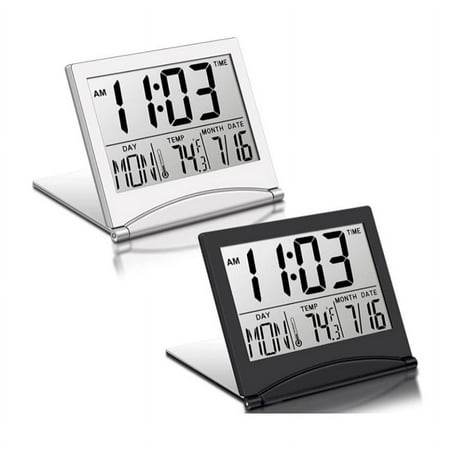 2 Pcs Digital Travel Alarm Clock Foldable LCD with Calendar Temperature Snooze Mode Portable Display Desk