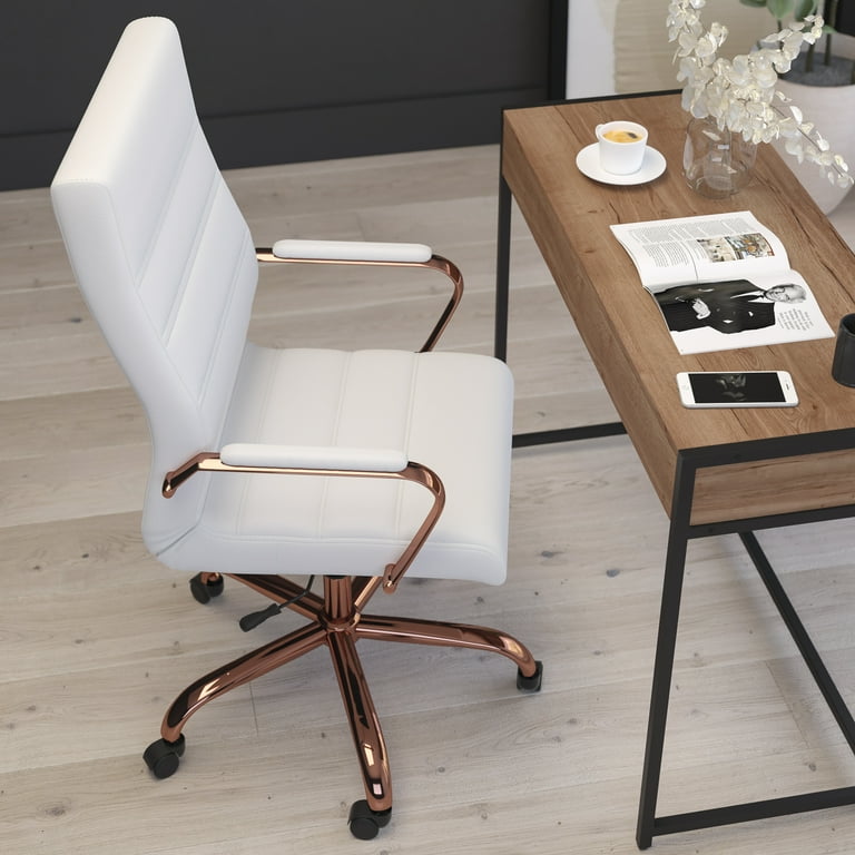 Merrick Lane Contemporary High Back White Faux Leather Home Office Chair with Padded Rose Gold Arms