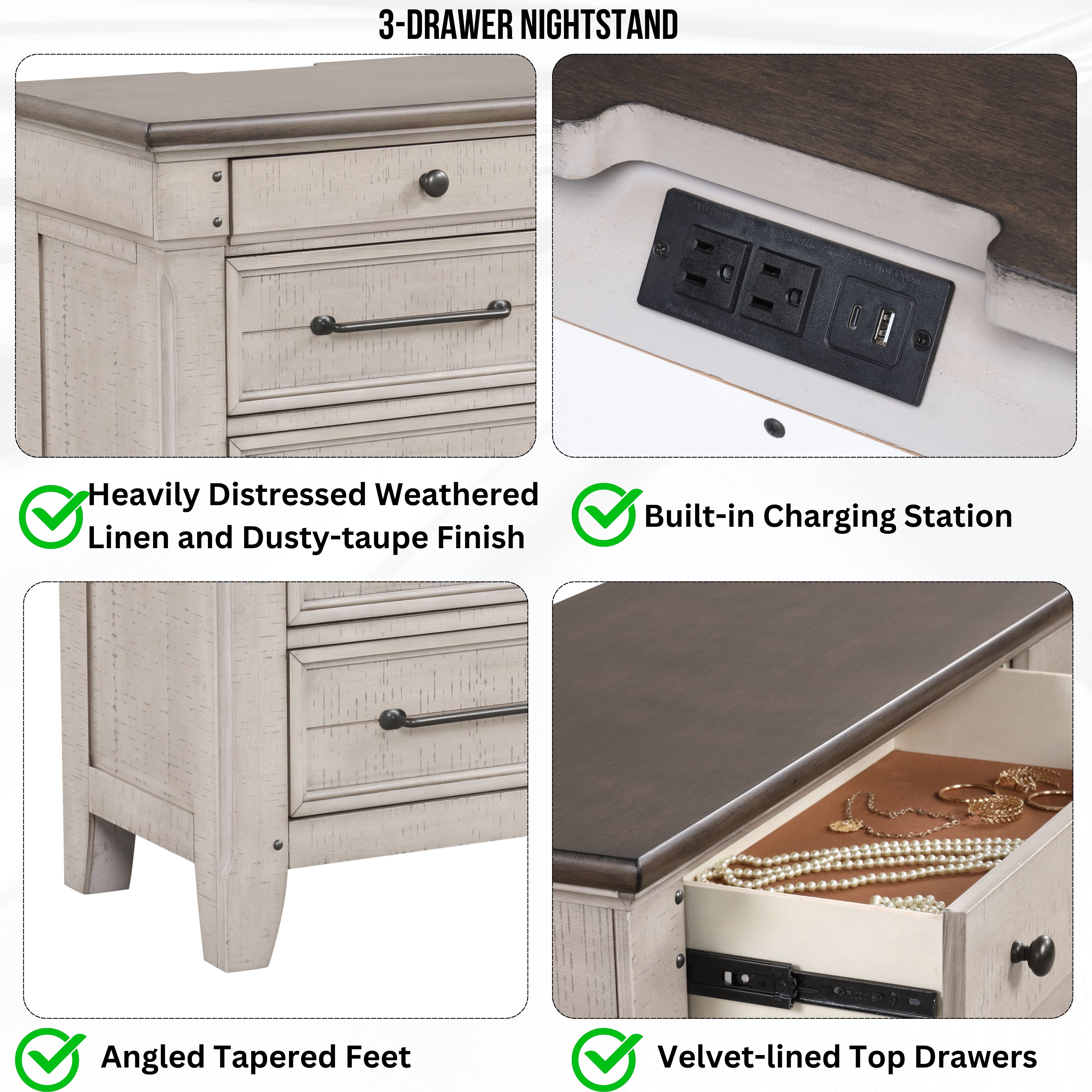 Roundhill Furniture Walcott 3-Drawer Bedroom Nightstand with Charging Station, Weathered Dusty-taupe Finish