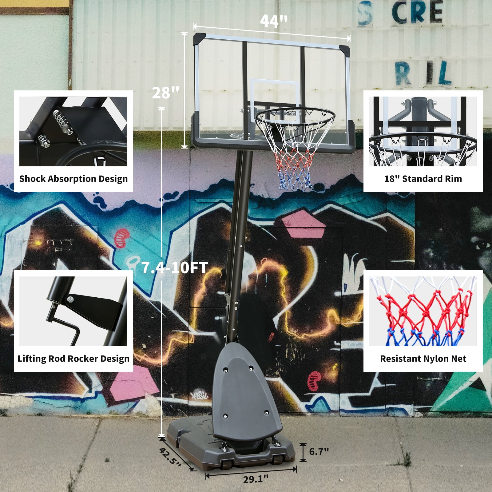 44" Transparent Adjustable Height Portable Outdoor Basketball System with Stable Base and Wheels