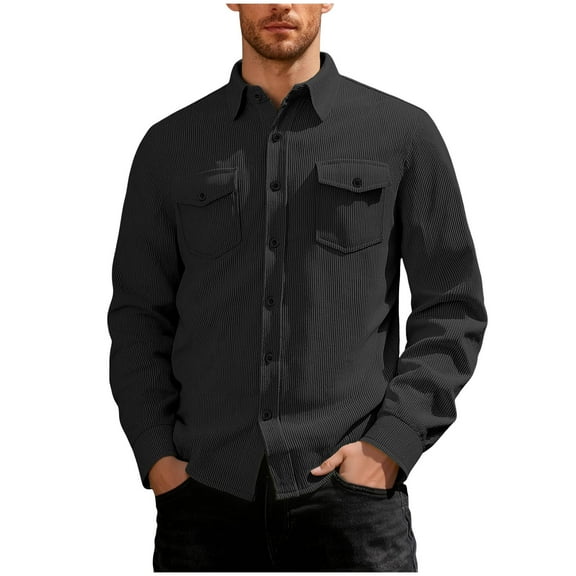 GuangCheng George Mens Corduroy Button Up Shirts,Long Sleeve,Casual,Top with Chest Pockets,Warm Fall Winter Piece,Black,2XL