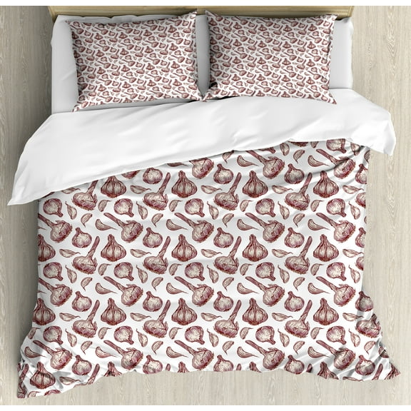Ambesonne Kitchen Duvet Cover Set, Vintage Look Garlic Drawing, Calking, Eggshell Grey Pink