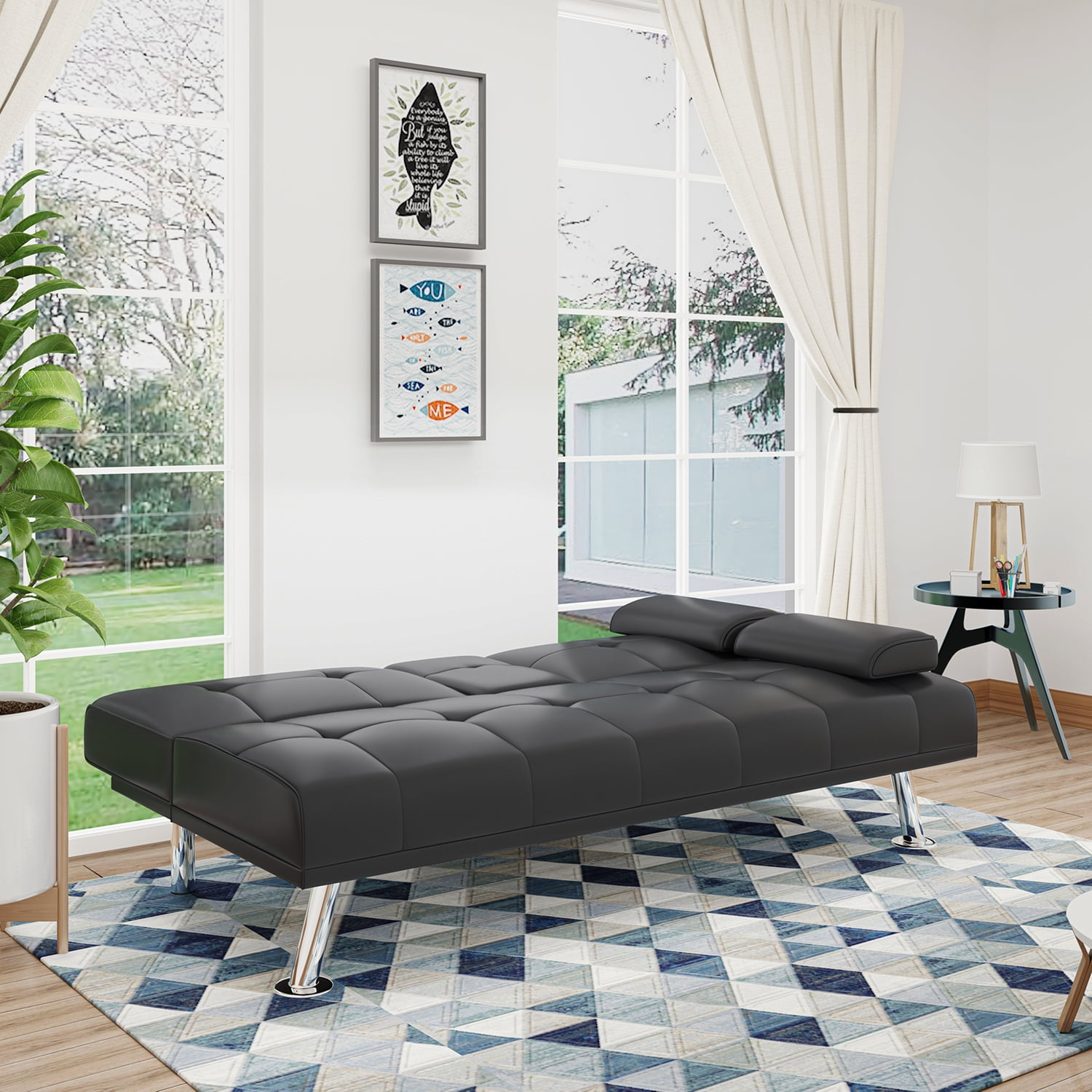 Kadyn Modern Faux Leather Futon Sofa Bed, Convertible Folding Sofa Couch with Cupholders and Pillows, Loveseat for Home, Living Room, Apartment, Black