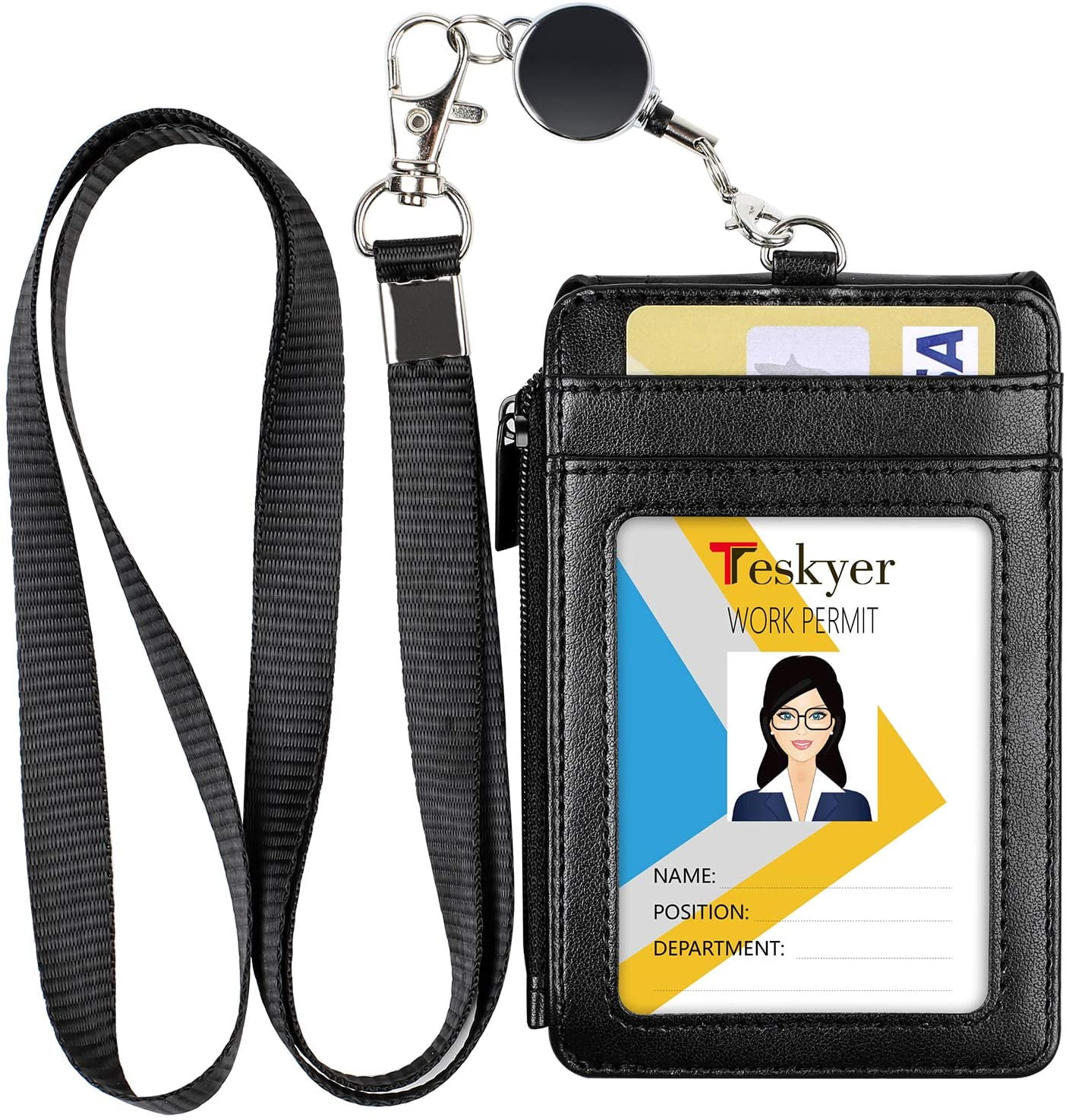 Badge Holder with Zipper School ID Donsine PU Leather ID Badge Card Holder Offices ID Driver Licence 