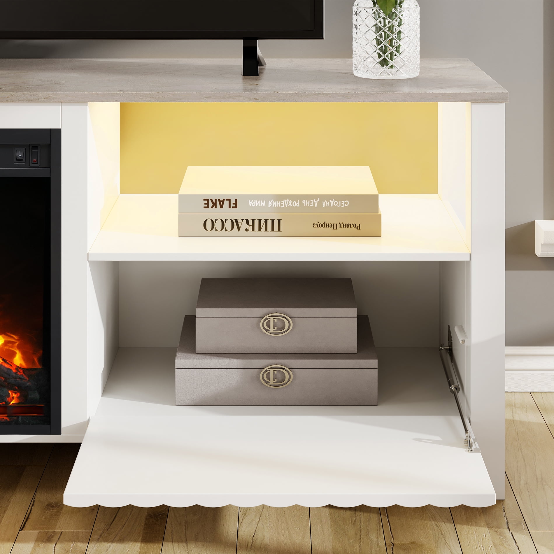 Modern LED Fireplace TV Stand for 75 inch TV and RGB LED Light, Entertainment Center with Storage Cabinets, White