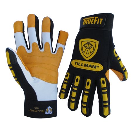 Tillman Medium Black And Gold TrueFit Full Finger Top Grain Goatskin Super Premium Mechanics Gloves With Elastic Cuff, TPR Pads on Finger, Knuckle And Back Of Hand, Double Reinforced Fingertips