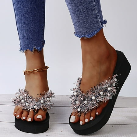 

Alueeu Women Flip Flops Women s Fashion Tassel Flip-Flops Pearl Flip Flops Flat Casual Slippers