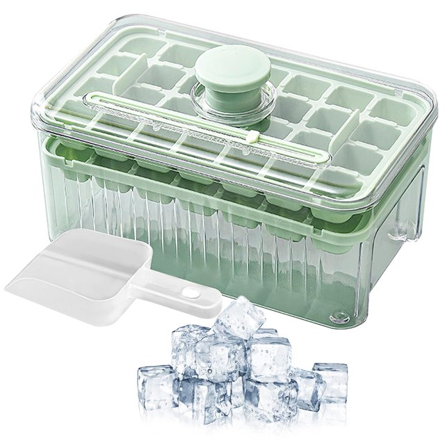 Bandeja de silicona para cubitos de hielo con tapa, liberación de cubitos de hielo con un botón, moldes reutilizables para cubitos de hielo con depósito de almacenamiento y pala