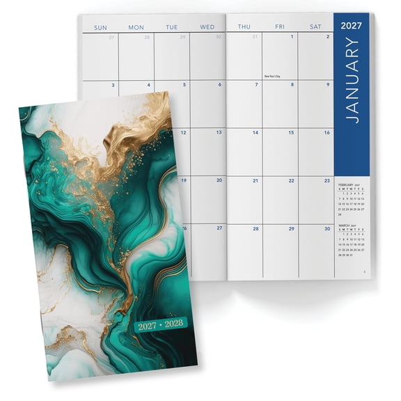 Excello 2027-2028 2-Year Monthly Pocket Planner, 3.8 x 6.5 in., Compact Calendar and Appointment Organizer for Purse, Travel, Work and Personal Scheduling, Teal Gold Marble