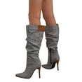 thumbnail image 4 of Knee High Boots For Women Stiletto High Heel Pointed Toe Applique Denim Boots Zipper Detachable Off Wide Calf Slouchy Ruched Panel Boots For Women, 4 of 6