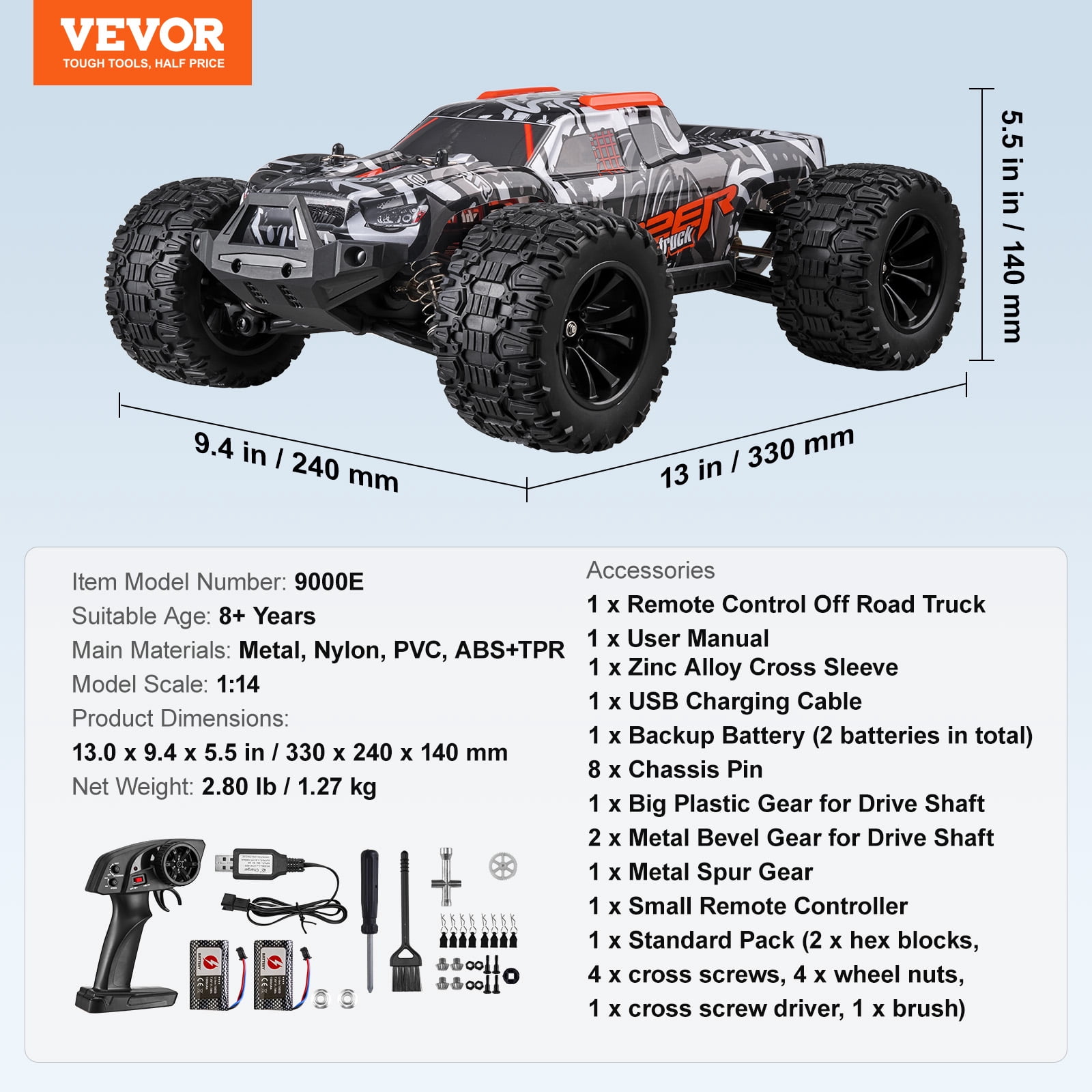 VEVOR Remote Control Car, 1:14 Scale RC Car for Kids, All Terrain 4WD Off-Road Monster Truck with 45° Wheelie & 2 Batteries, 38 km/h High Speed Hobby Racing Car - Ideal Gift for 8+ Years Kids