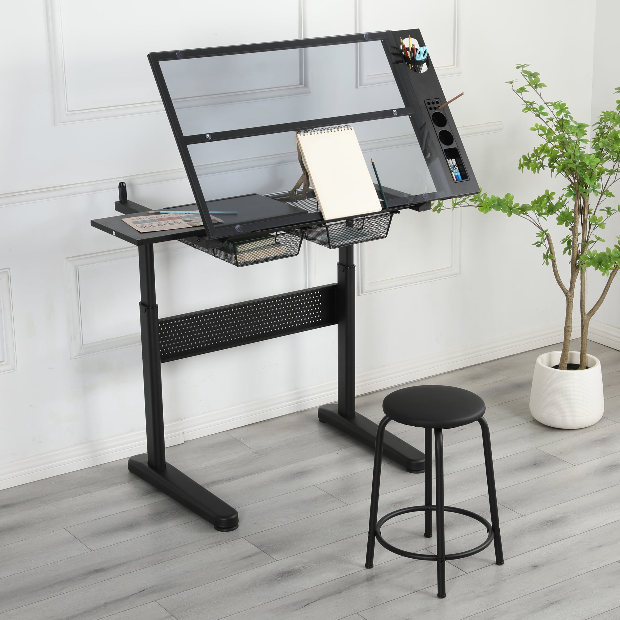 Hand Crank Adjustable Drafting Table Drawing Desk With 2 Metal Drawers, With Stool