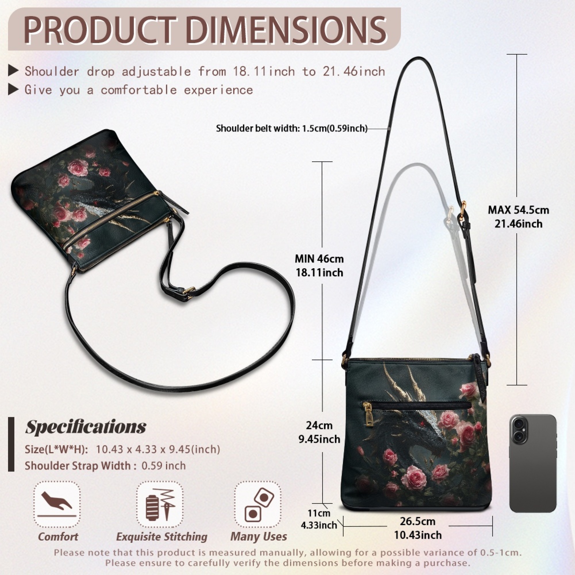 Kuiaobaty Dragon Print Crossbody Bag for Women, Rose Print Leather Shoulder Purse with Adjustable Strap, Zipper Pockets Messenger Handbag Crossbody for Travel, Black