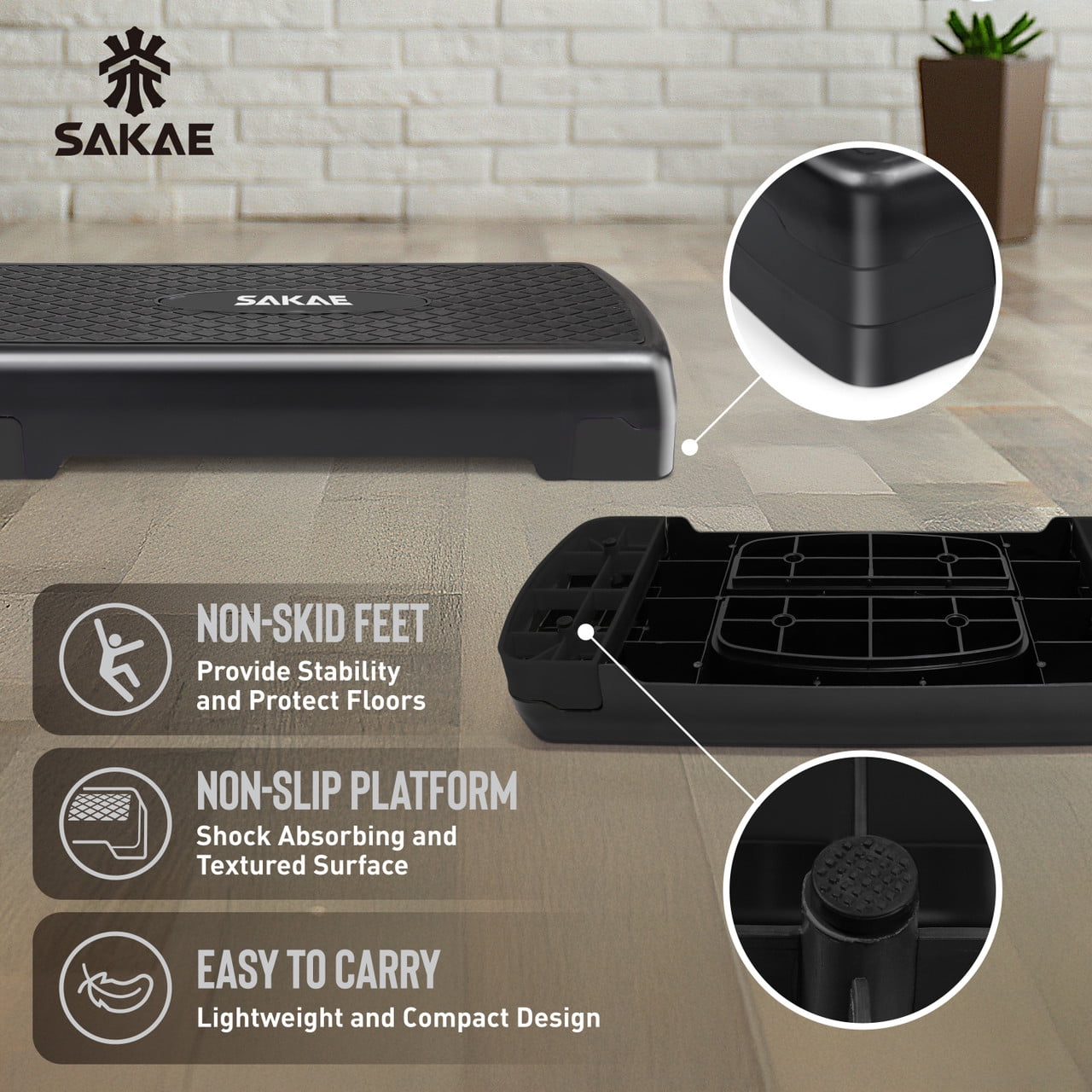 SAKAE Black Exercise Step Platform Set with Ankle Weights & Measuring Tape, Adjustable Height 2 Level Risers Workout Step Trainer, Aerobic Steppers for Home Gym Exercise Fitness Workout
