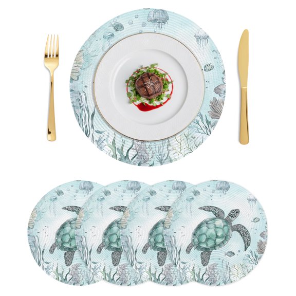 Round Placemats Coastal Nautical 15 inch Set of 4 Table Mats for Dining Table Ocean Turtle Coral Jellyfish Heat Resistant Non-Slip Kitchen & Home Decorative Place Mat Set