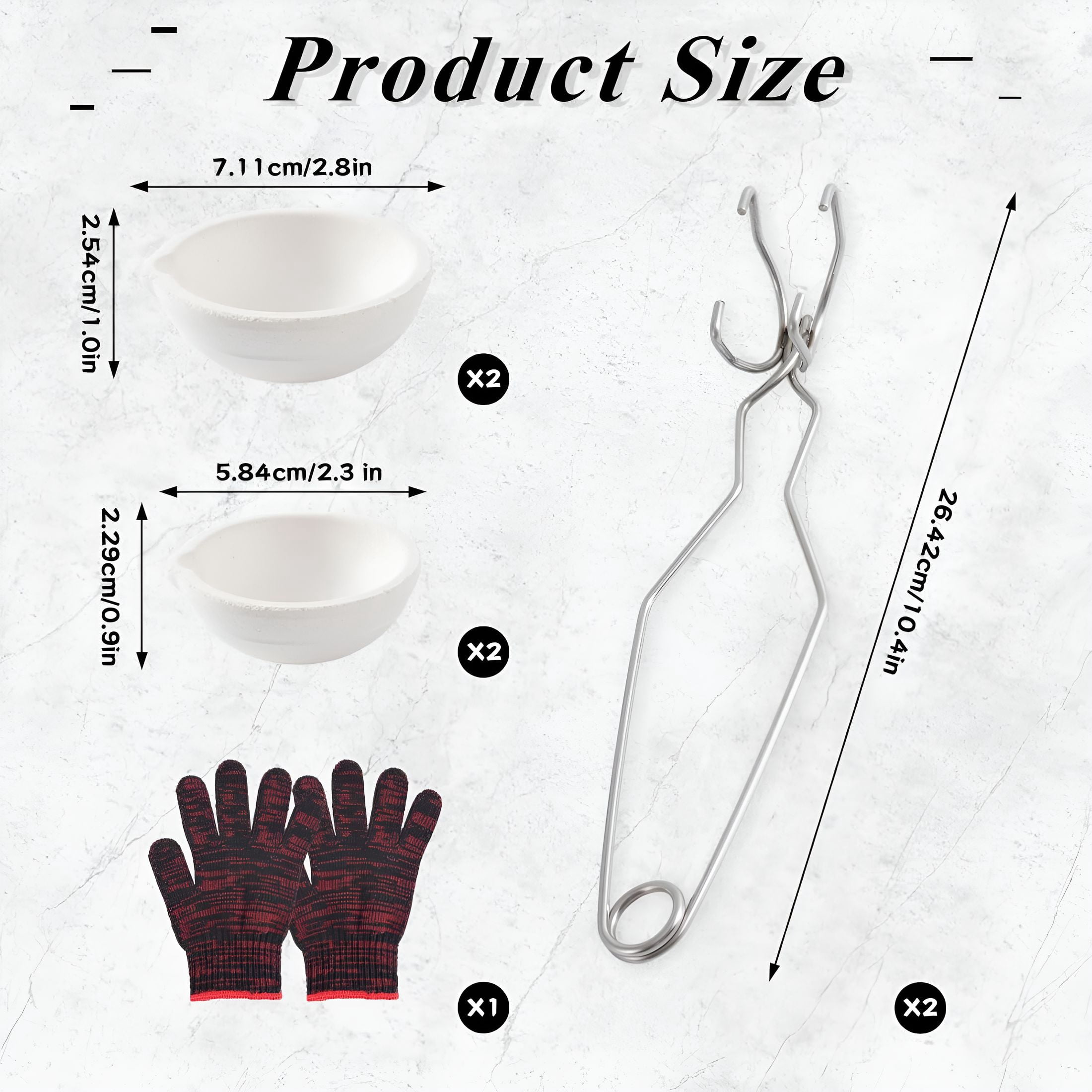 EXLEAF 9 Pcs Crucibles for Melting Metal with Work Gloves, 4 Ceramic Crucible and 2 Large Ceramic, Metal Casting Kit with 2 Crucible Tongs