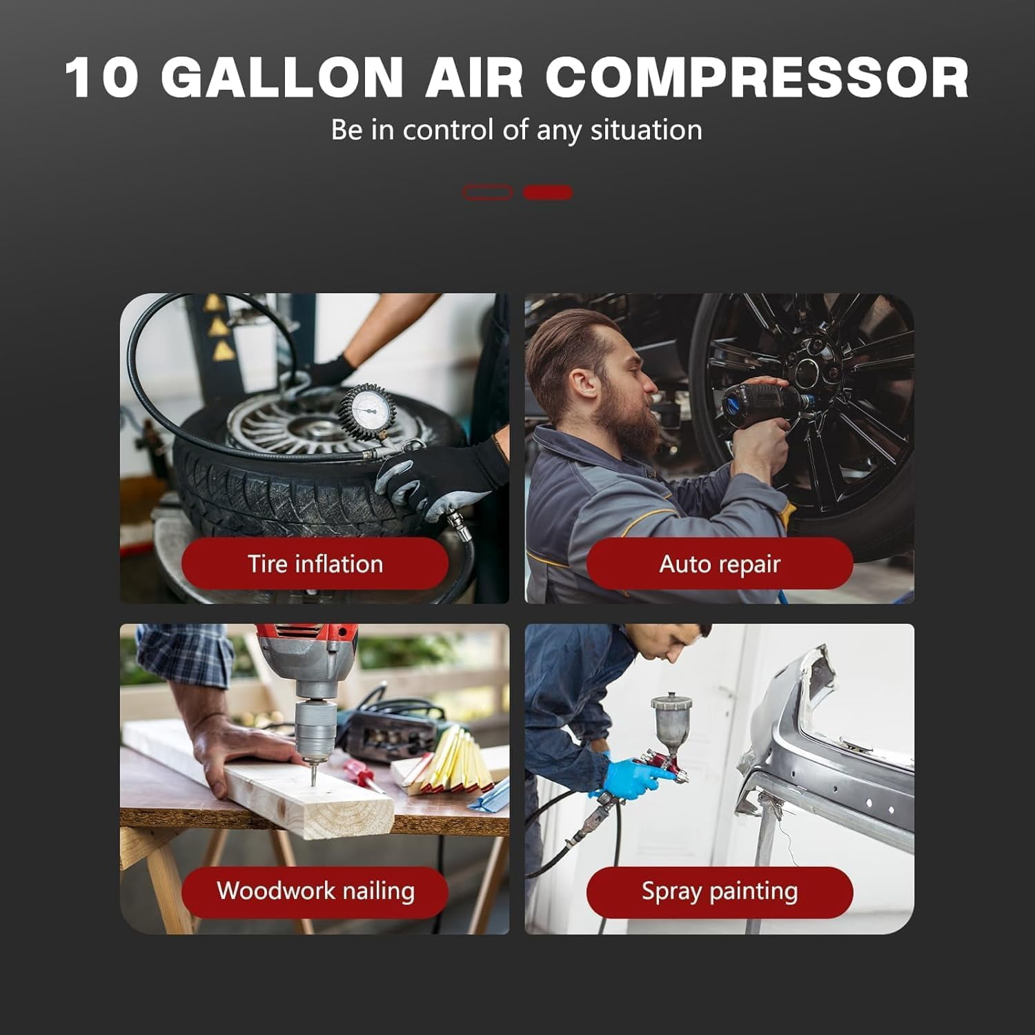 10 Gallon Ultra Quiet Oil-Free Air Compressor, 2HP 8.76 CFM@115PSI, 70dB, Dual Quick Couplers, Electric Portable Compressor for Garage, Woodwork Nailing & Auto Repair