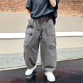 thumbnail image 2 of YunPes Boys Baggy Cargo Pants Lightweight Quick Dry Crinkled Wide Leg Pants Trendy Youth Handsome Streetwear Bottoms with Flap Pockets, 2 of 7