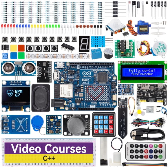 SunFounder Elite Explorer Kit with Original Arduino Uno R4 WiFi, RoHS Compliant, Bluetooth IoT ESP32 IIC LCD1602 OLED, Super Starter Kit, Online Tuto