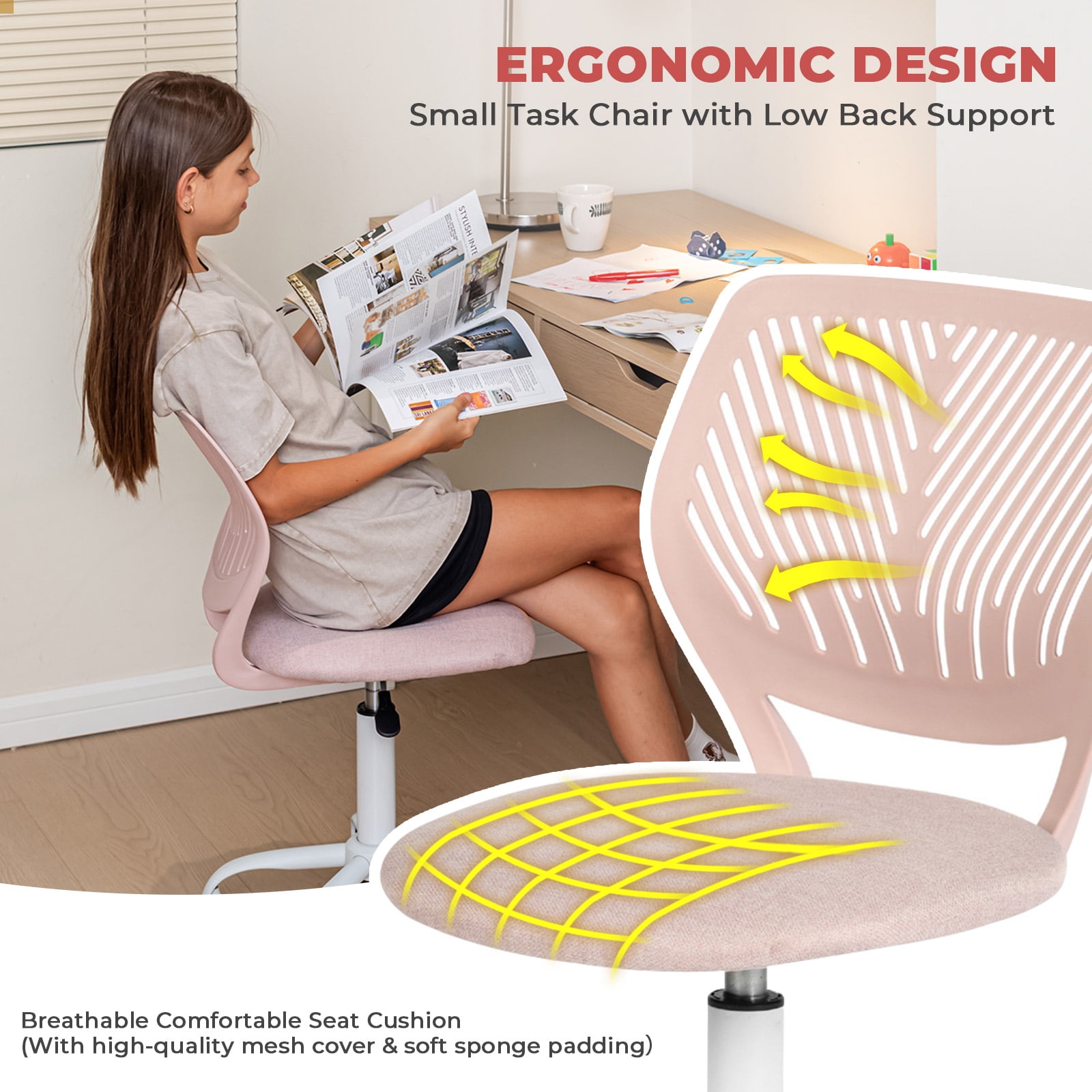 Homy Casa Teen Desk Chair, Adjustable Swivel Mesh Back Vanity Chair for Bedroom Study, Pink