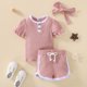 thumbnail image 2 of Ropa De Bebé (Niño O Niña) Traje De Niño Pequeño Verano Acanalado De Manga Corta Top Con Botones Pantalones Cortos Diadema Conjunto De Tres Piezas Rosa Odeerbi LM103-10270, 2 of 9