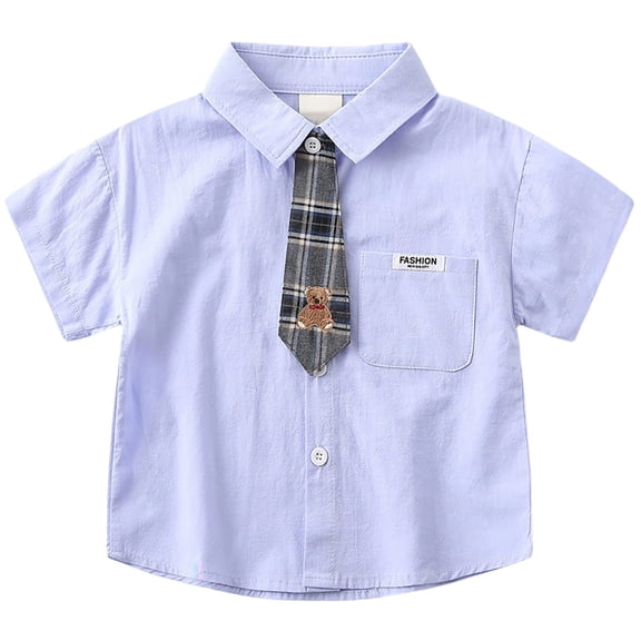 Boys School Uniform 2 Piece Solid Print Short Sleeve Lapel Pocket Button Lightweight Shirt And Tie Top Back To School Boys T Shirt Blue 18 Months-24 Months