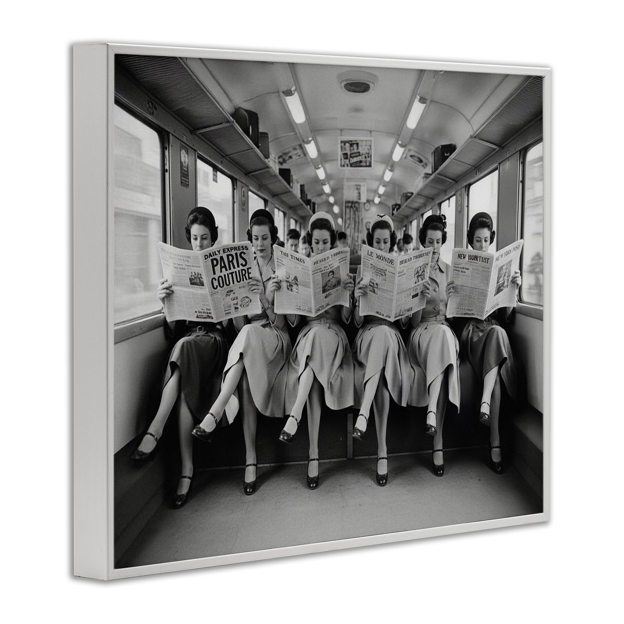 Stupell Industries Newsprint Ladies on Train White Framed Giclee Art, design by A Barefoot Stylist