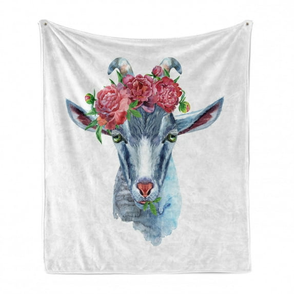 Watercolor Soft Flannel Fleece Throw Blanket, Goat Portrait with Floral Wreath Details Composed on a Plain Background Print, Cozy Plush for Indoor and Outdoor Use, 50" x 70", Multicolor, by Ambesonne