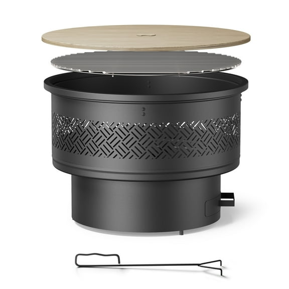 26 Inch Fire Pit With Grill & Lid, Firepits For Outside Wood Burning Fire Pit Table With Fire Poker, Multifunctional Outdoor Fire Pits For BBQ, Table, Bonfire, Camping, Backyard, Patio, Picnic