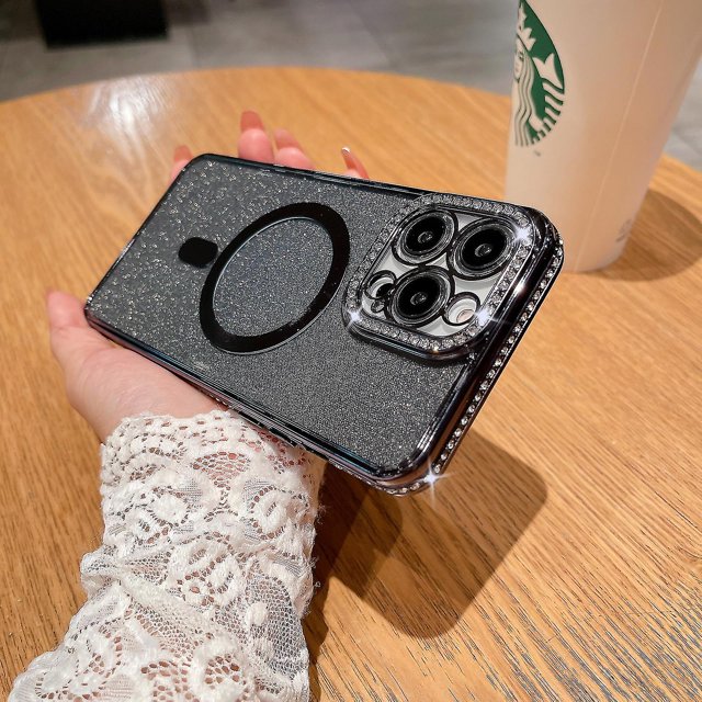 Exquisita funda con purpurina y diamantes de imitación para iPhone 14 Pro, compatible con carga magnética, antideslizante, a prueba de golpes, protección para cámara y antiarañazos.