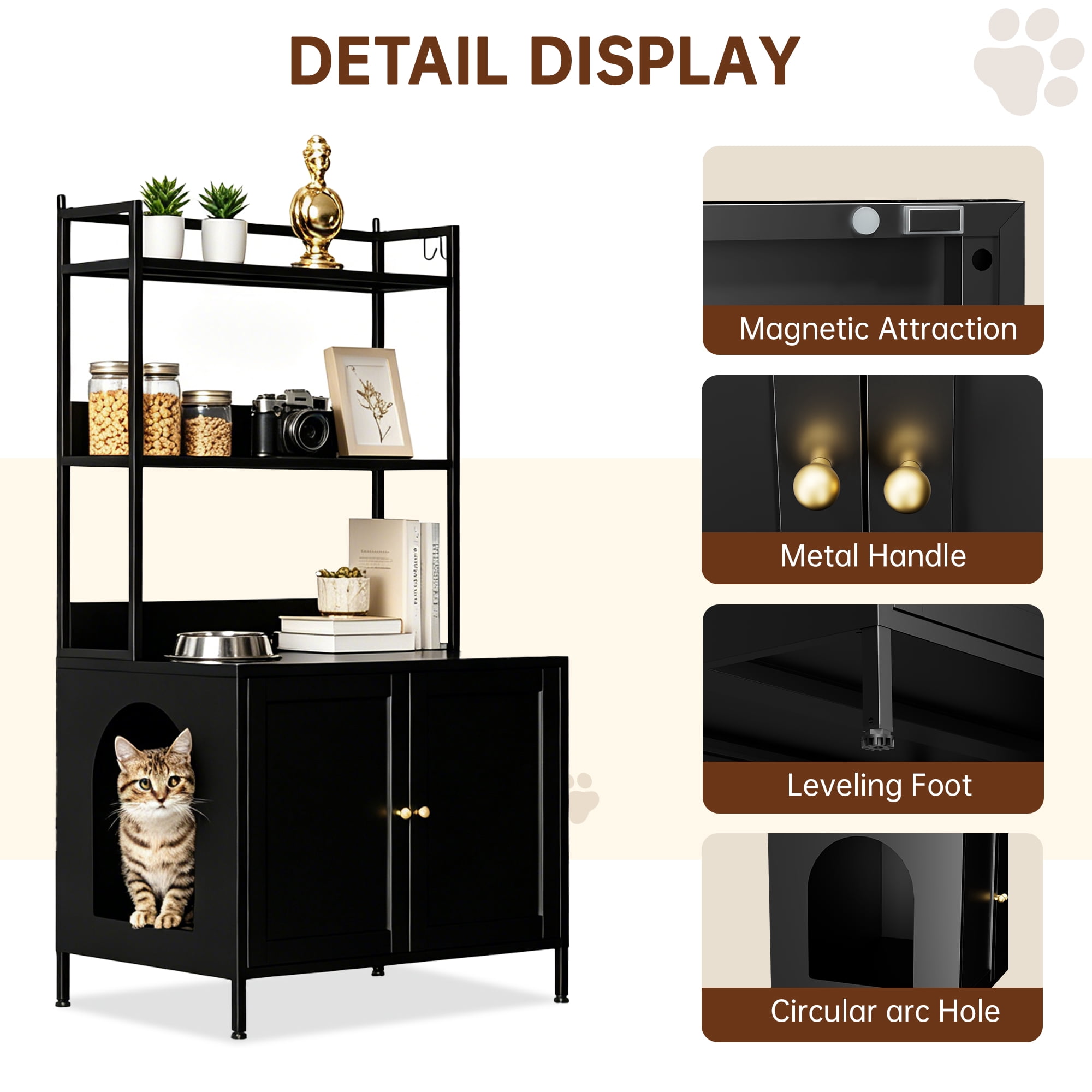 57" Tall Black Metal Cat Litter Box Enclosure, Hidden Litter Box Cabinet with 3-Tier Shelves, Doors & 4 S-Hooks, Odor Control Pet House for Large Cats