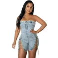 thumbnail image 3 of Monos de mujer de una pieza elegantes con empalme de mezclilla, monos sexis ajustados sin tirantes, sin mangas, pantalones cortos, monos ajustados, 3 of 5