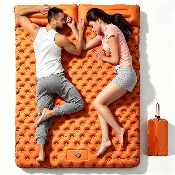 Double Inflatable Camping Sleeping Pad, 2 Person Ultralight Air Mattress with Built-in Foot Pump & Attached Pillow, Compact Portable Inflatable Mat for Backpacking, Hiking, Car Travel, Tent and Beach