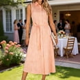 thumbnail image 1 of Pounoo Robes Midi pour Femmes Sans Manches à Imprimé Rayé, Col à Revers, Robe Boutonnée avec Taille Ajustable à Nouer, Ourlet Fluide, Robes de Travail Quotidiennes, Cadeau, 1 of 4