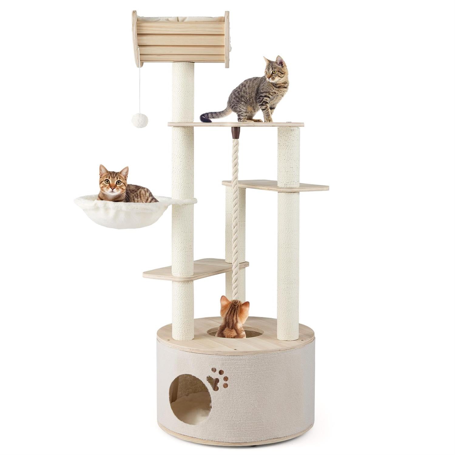 Pefilos 55.5" Tall Wooden Cat Tree, Washable Plush Cushions & Condo, Curved Top Perch & Hanging Toy, Brown