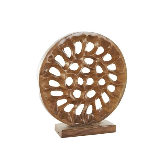 20" x 21" Brown Teak Wood Handmade Circular Cutout Abstract Sculpture, by DecMode