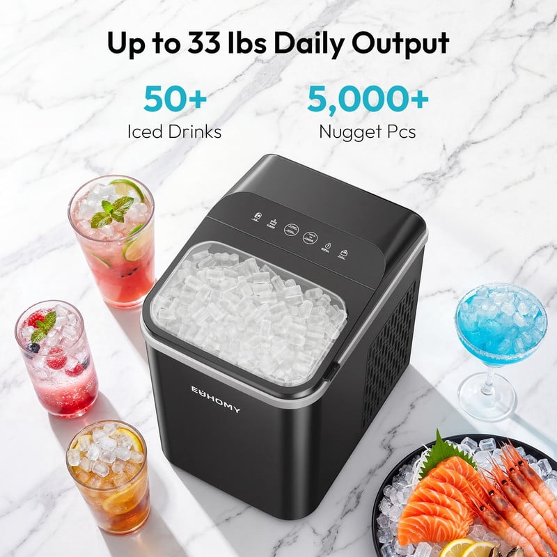 EUHOMY Chewable Ice Maker Countertop, Nugget Ice Machine Produces 33 lbs Daily, Fast & Compact