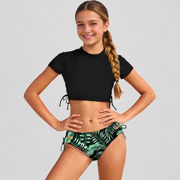 Krdevn Girls Two Piece Rash Guard Swimsuit, Crop Top with Side Tie & Tropical Leaf Print Bottom, Beach Pool Swimwear for Teens,11-12 Years
