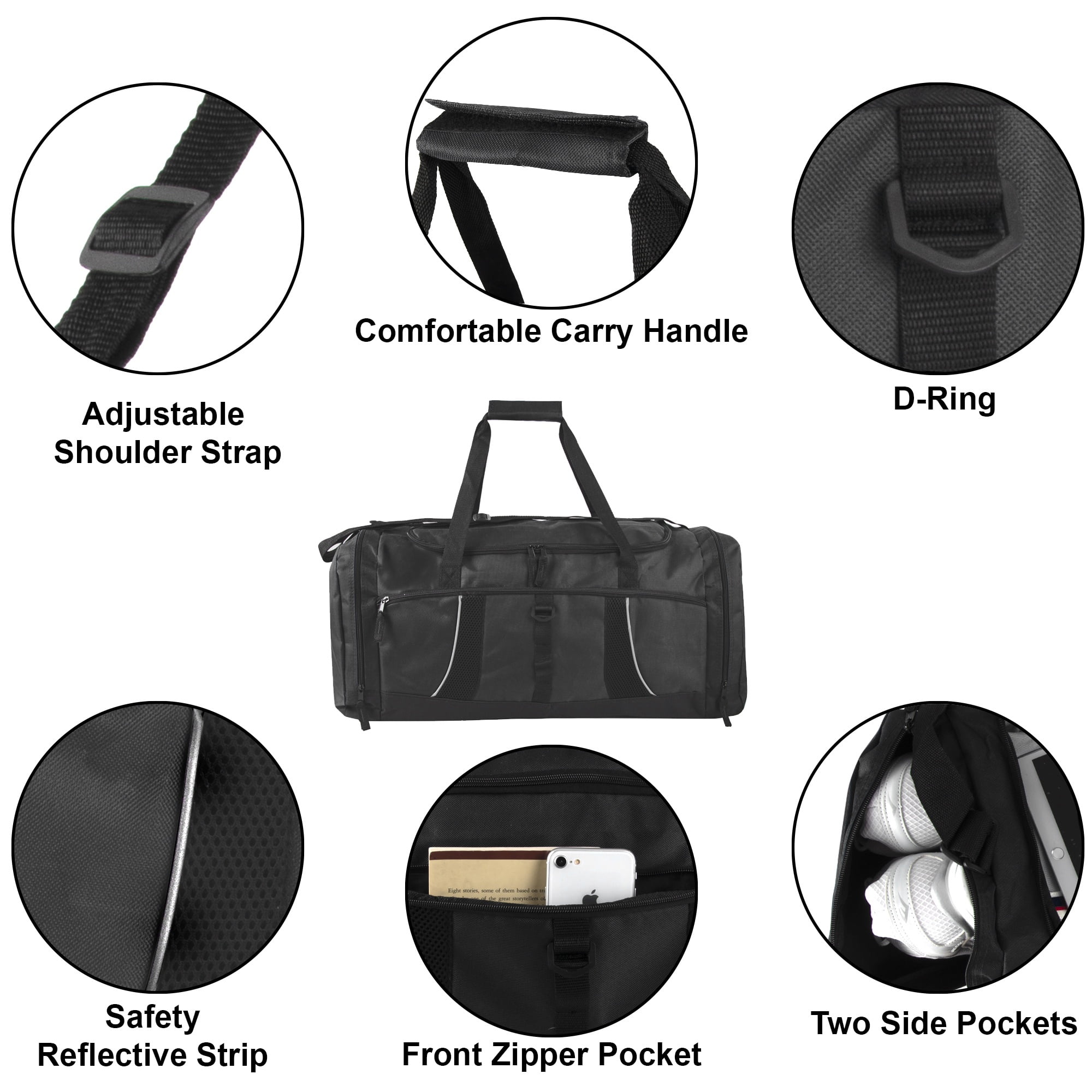 24 pack Extra Large 26 Inch 79 Liter Duffel Bags 48 Inch Shoulder Strap, Reflective Piping for Travel, Gym, Sports, Track, Field in Black