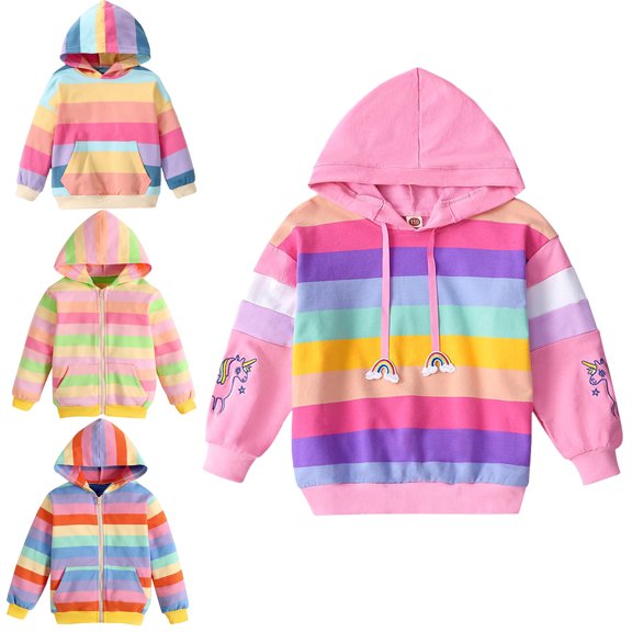 1-9Y Girls Rainbow Pullover Hoodies Sweatshirt Casual Zip Up Loose Outwear Coat with Pockets