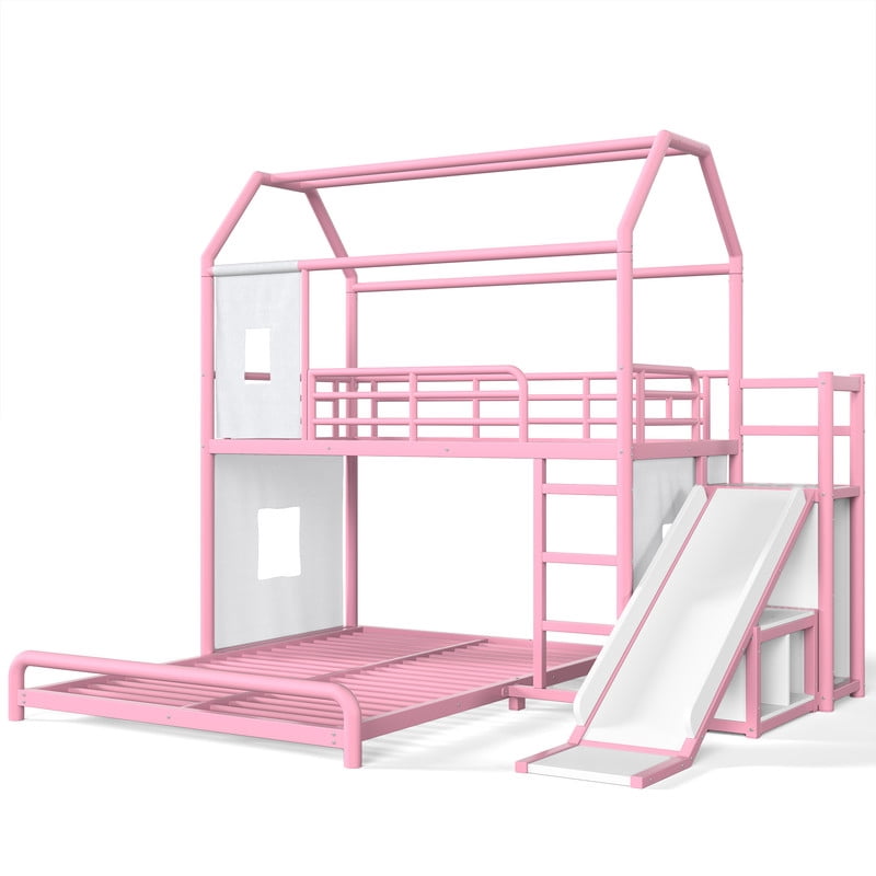 Twin over Full Metal Bunk Bed with Slide, Ladder, LED Light Strip, Privacy Curtain, Movable Storage Cabinet & Hanging Rod, House Shaped Kids Bunk Bed