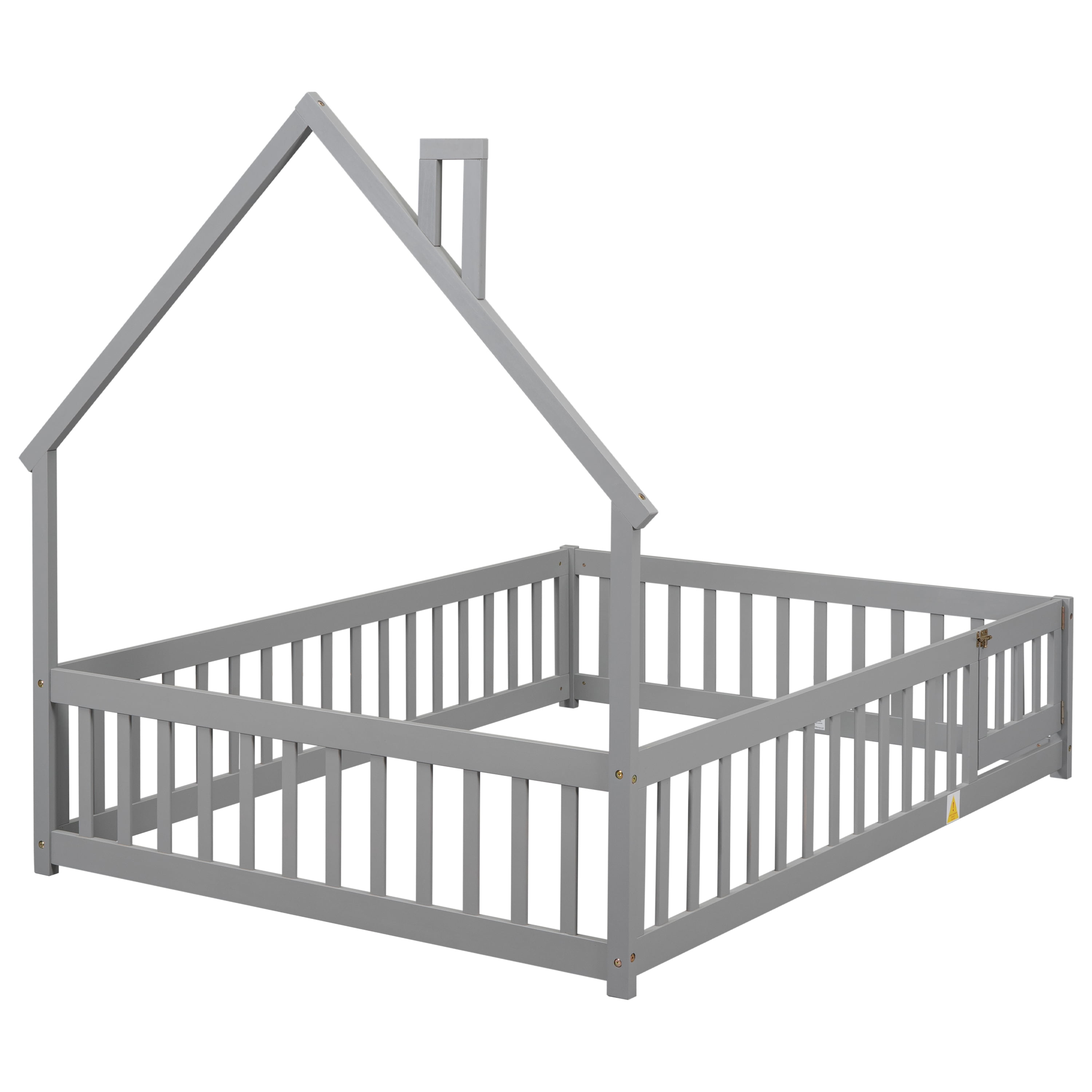 Bellemave Full Size Floor Bed with House-shaped Headboard and Fence Full Wood Floor Bed Frame with Guardrails and Door Montessori House Bed, Gray