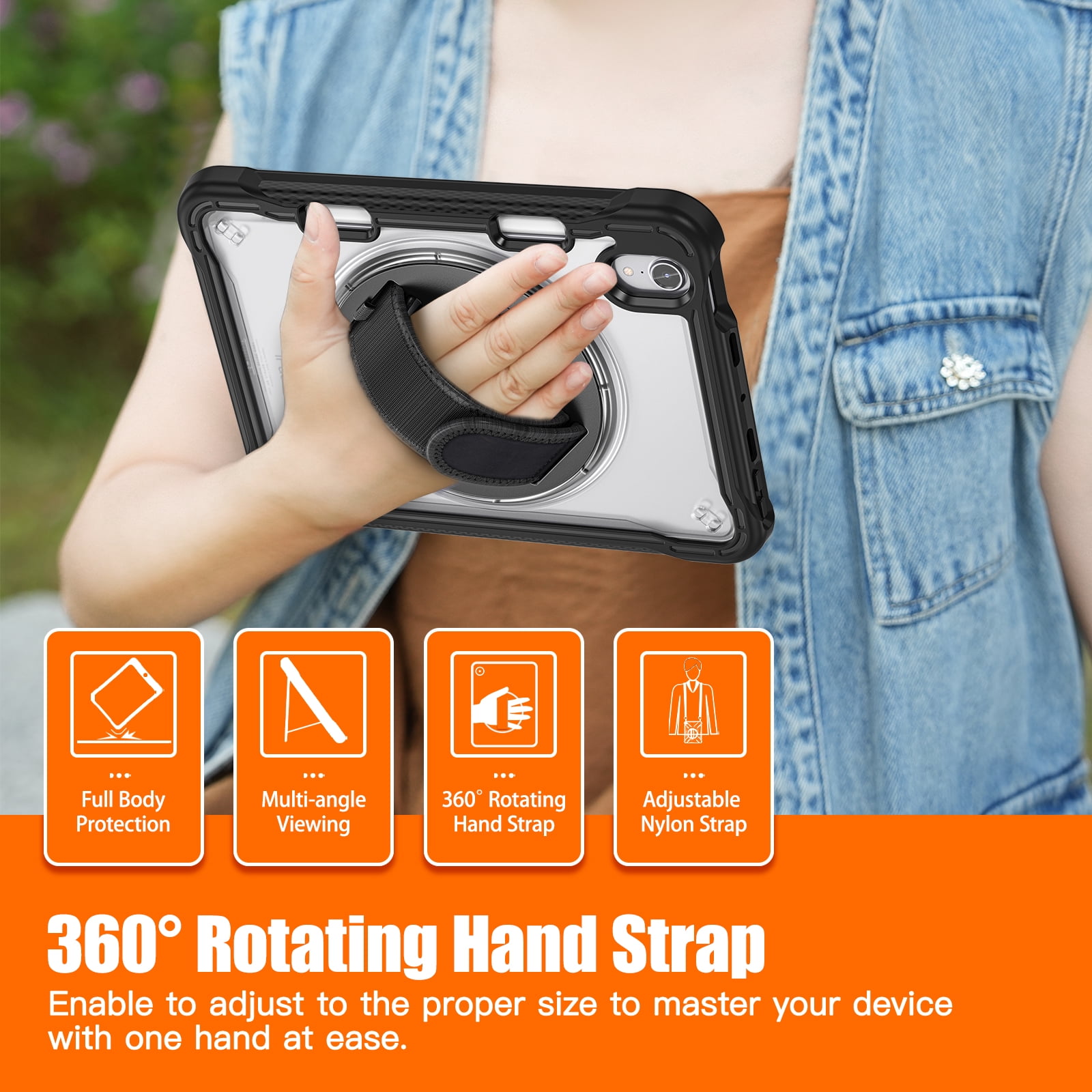 Shockproof Case for Apple iPad mini 6/7, iPad mini 6th 7th Gen Cover, 360 Rotating Stand Translucent Back Cover Shockproof Adjustable Shoulder Strap Kids Friendly with Pencil Holder, Black