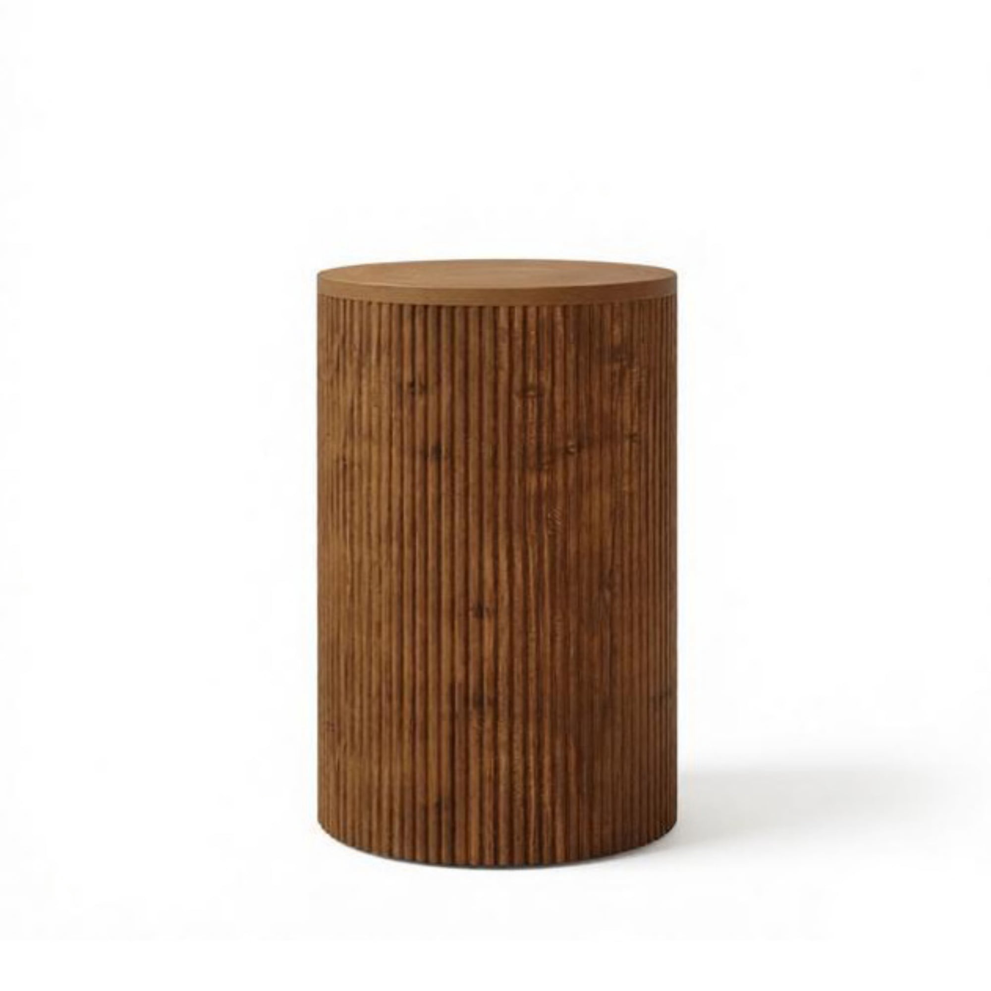 Wooden Round Side Table with Storage & 4 Wheels, No-Assembly Fluted End Table