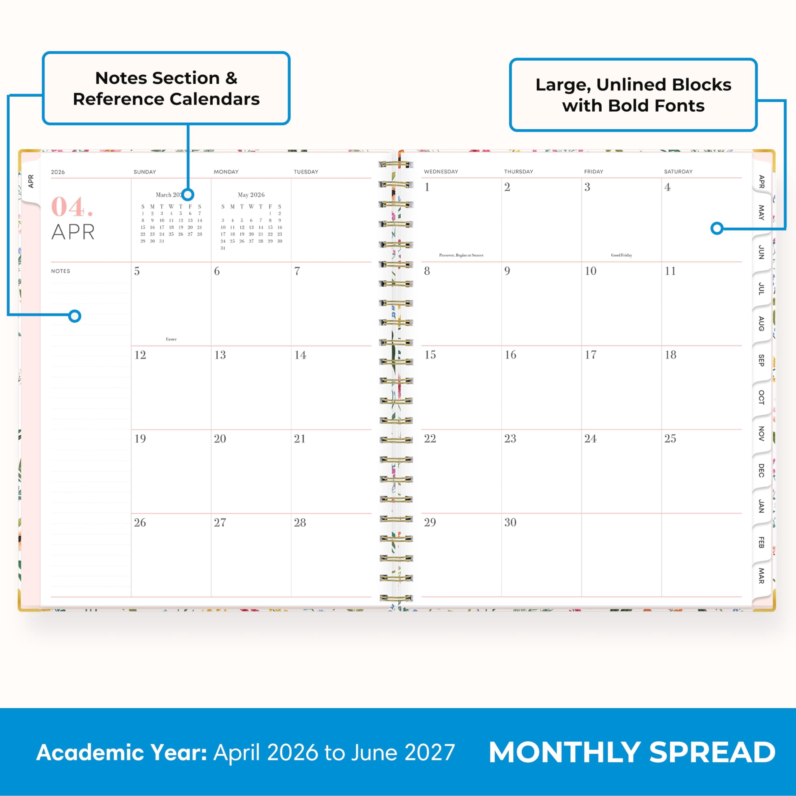 Blue Sky 15 Month 2026-2027 Weekly and Monthly Academic Year Planner Calendar, April 2026 - June 2027, 8.5" x 11", Storage Pocket, Snap-in Ruler w/Sticky Notes & Sticker Sheet, Londonberry White