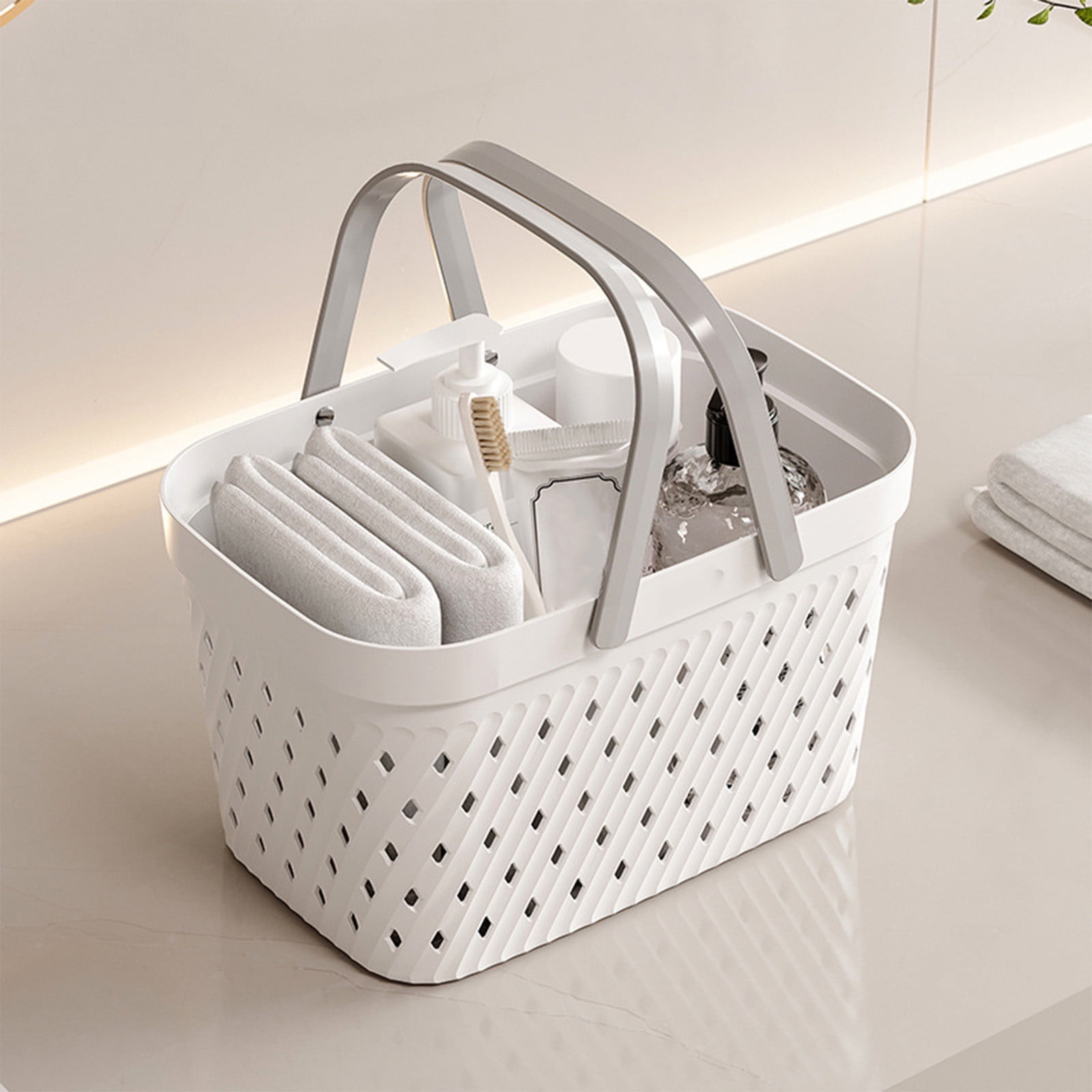 Handheld Shower Basket Plastic Storage Caddy with Drainage Holes and Carry Handles Bathroom Bath Organizer for Shampoo Towels and Household Sundries for Dorm Room Home Organization
