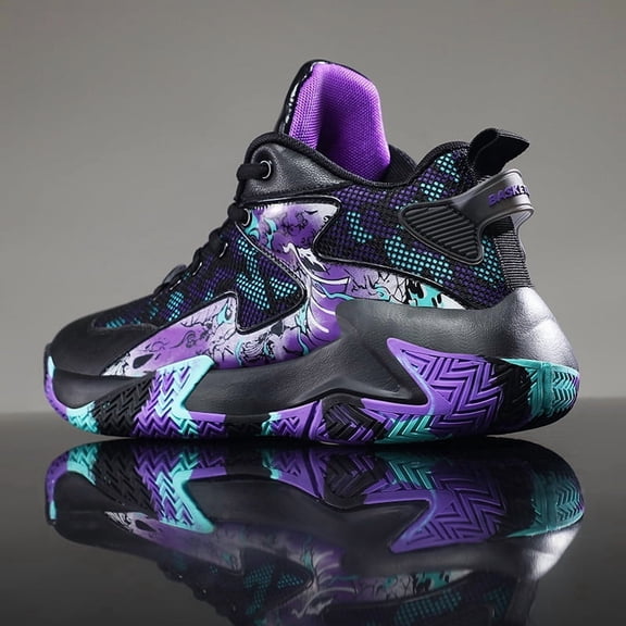 Men's Breathable Mid-Top Basketball Sneakers - Upper & Rubber Sole All-Season Sports Shoes with Cushioned Insole, Gym, Casual Wear - Random Color Sole Patterns Suitable for All-Season Wear